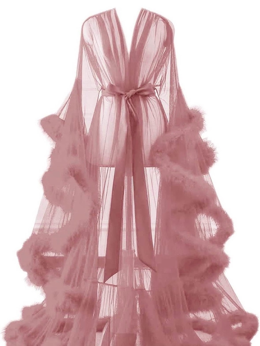 Sheer Feather-Trim Robe - Dusty Rose
